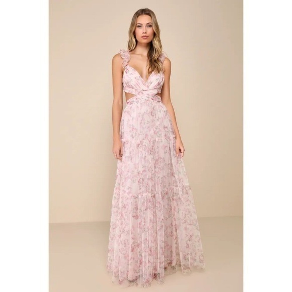 NWT Lulus Ethereal Love Blush Floral Pleated Tiered Tie-Back Maxi Dress Medium - Picture 3 of 12